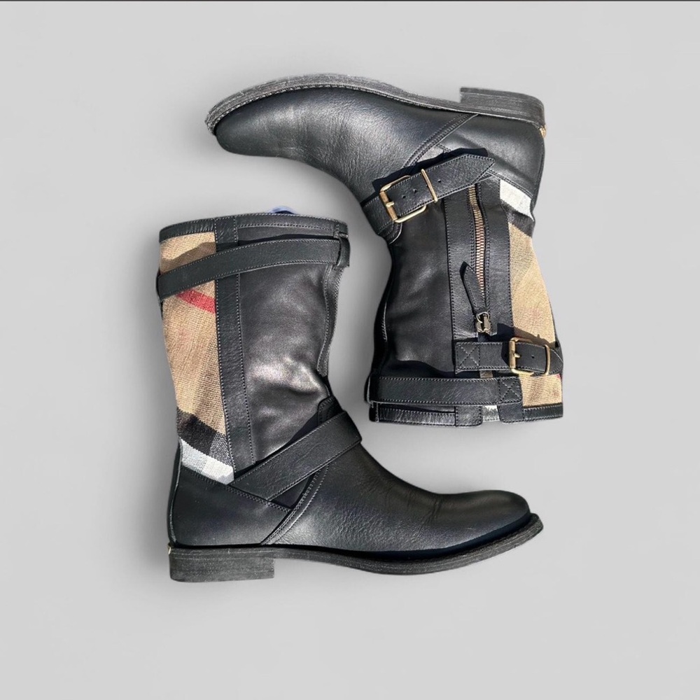Burberry House Check & Leather Biker Boots